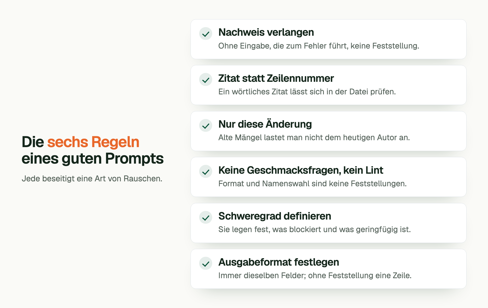 Die sechs Regeln eines guten Prompts. Jede beseitigt eine Art von Rauschen. Nachweis verlangen: Ohne Eingabe, die zum Fehler führt, keine Feststellung. Zitat statt Zeilennummer: Ein wörtliches Zitat lässt sich in der Datei prüfen. Nur diese Änderung: Alte Mängel lastet man nicht dem heutigen Autor an. Keine Geschmacksfragen, kein Lint: Format und Namenswahl sind keine Feststellungen. Schweregrad definieren: Sie legen fest, was blockiert und was geringfügig ist. Ausgabeformat festlegen: Immer dieselben Felder; ohne Feststellung eine Zeile.