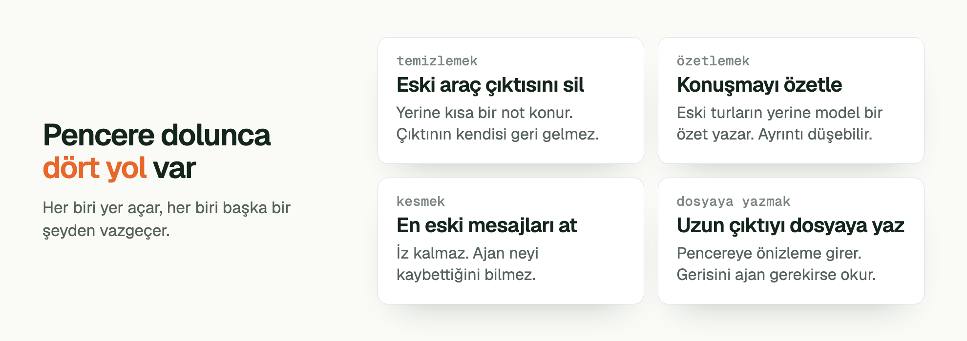 Pencere dolunca dört yol var. Her biri yer açar, her biri başka bir şeyden vazgeçer. temizlemek Eski araç çıktısını sil: Yerine kısa bir not konur. Çıktının kendisi geri gelmez. özetlemek Konuşmayı özetle: Eski turların yerine model bir özet yazar. Ayrıntı düşebilir. kesmek En eski mesajları at: İz kalmaz. Ajan neyi kaybettiğini bilmez. dosyaya yazmak Uzun çıktıyı dosyaya yaz: Pencereye önizleme girer. Gerisini ajan gerekirse okur.