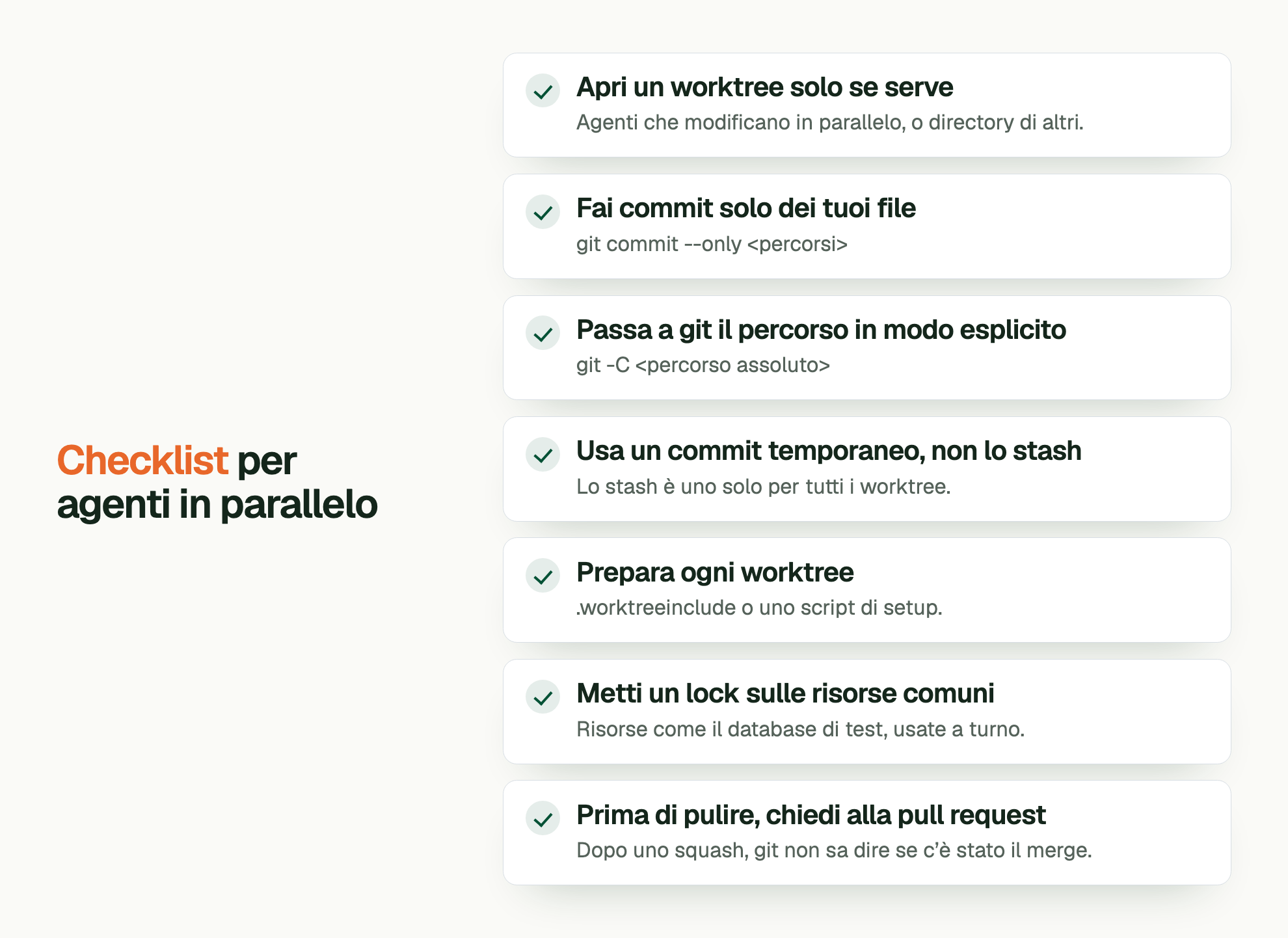 Checklist per agenti in parallelo. Apri un worktree solo se serve: Agenti che modificano in parallelo, o directory di altri. Fai commit solo dei tuoi file: git commit --only <percorsi> Passa a git il percorso in modo esplicito: git -C <percorso assoluto> Usa un commit temporaneo, non lo stash: Lo stash è uno solo per tutti i worktree. Prepara ogni worktree: .worktreeinclude o uno script di setup. Metti un lock sulle risorse comuni: Risorse come il database di test, usate a turno. Prima di pulire, chiedi alla pull request: Dopo uno squash, git non sa dire se c’è stato il merge.