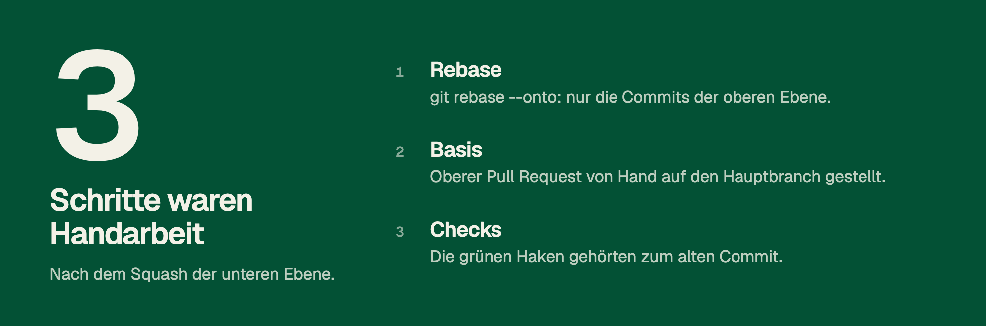 3 Schritte waren Handarbeit. Nach dem Squash der unteren Ebene. 1. Rebase. git rebase --onto: nur die Commits der oberen Ebene. 2. Basis. Oberer Pull Request von Hand auf den Hauptbranch gestellt. 3. Checks. Die grünen Haken gehörten zum alten Commit.