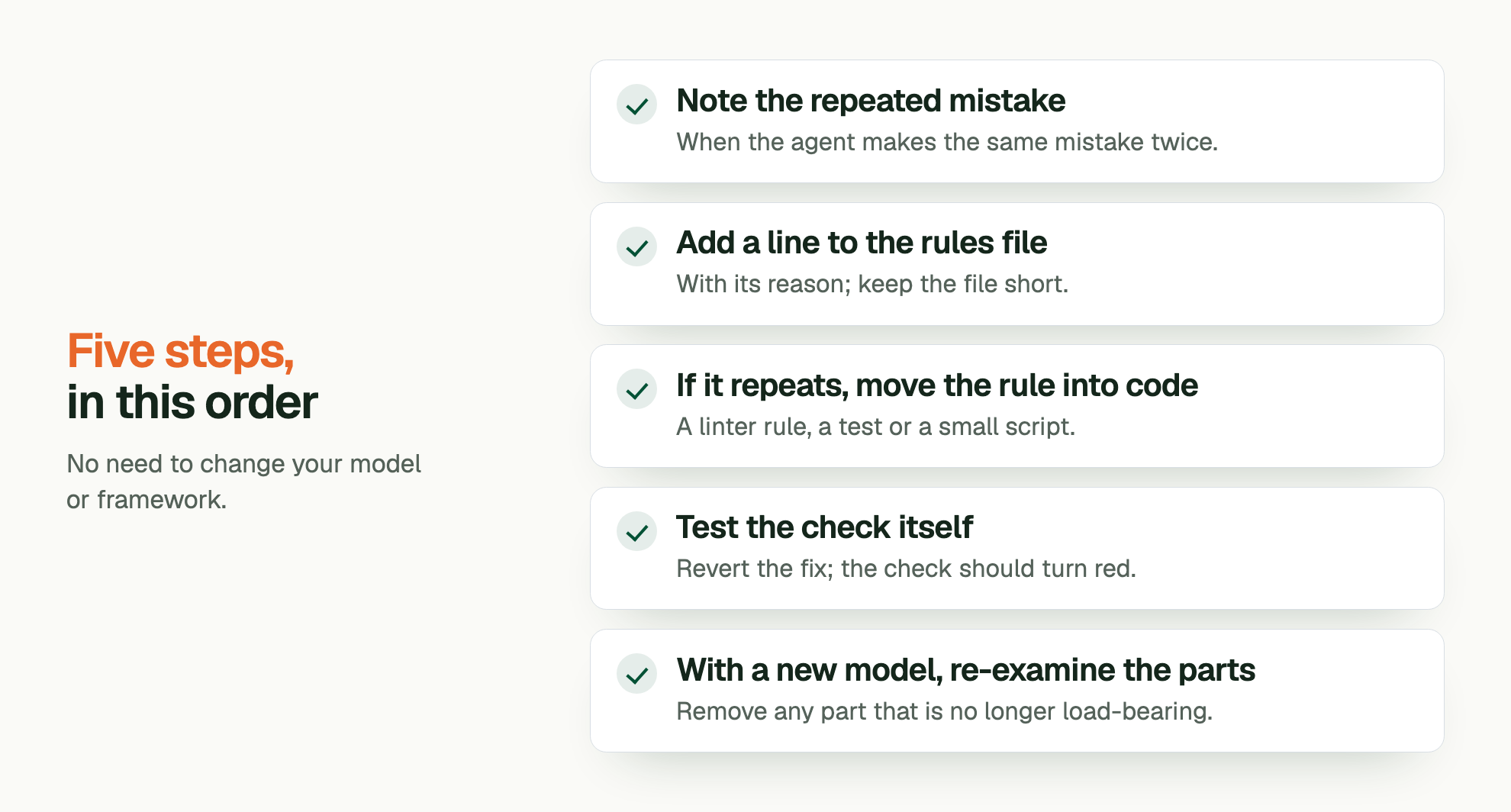 Five steps, in this order. No need to change your model or framework. Note the repeated mistake: When the agent makes the same mistake twice. Add a line to the rules file: With its reason; keep the file short. If it repeats, move the rule into code: A linter rule, a test or a small script. Test the check itself: Revert the fix; the check should turn red. With a new model, re-examine the parts: Remove any part that is no longer load-bearing.