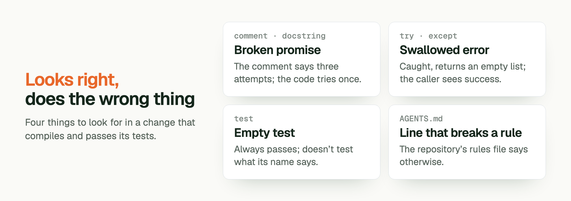 Looks right, does the wrong thing. Four things to look for in a change that compiles and passes its tests. comment · docstring Broken promise: The comment says three attempts; the code tries once. try · except Swallowed error: Caught, returns an empty list; the caller sees success. test Empty test: Always passes; doesn’t test what its name says. AGENTS.md Line that breaks a rule: The repository’s rules file says otherwise.