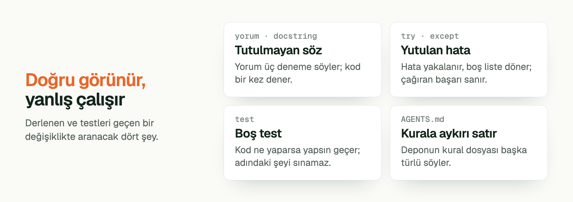Doğru görünür, yanlış çalışır. Derlenen ve testleri geçen bir değişiklikte aranacak dört şey. yorum · docstring Tutulmayan söz: Yorum üç deneme söyler; kod bir kez dener. try · except Yutulan hata: Hata yakalanır, boş liste döner; çağıran başarı sanır. test Boş test: Kod ne yaparsa yapsın geçer; adındaki şeyi sınamaz. AGENTS.md Kurala aykırı satır: Deponun kural dosyası başka türlü söyler.