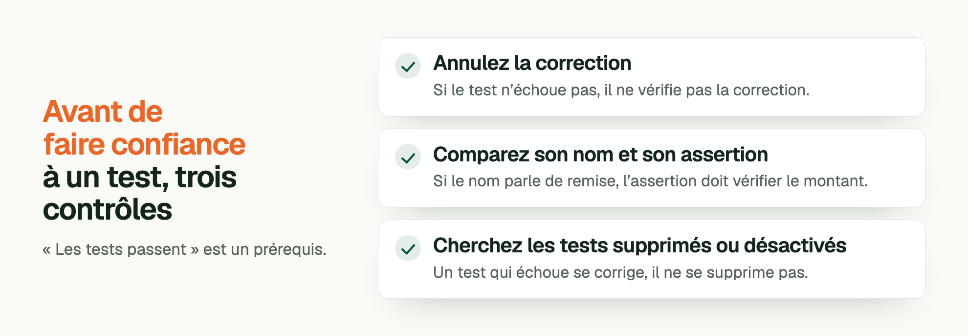 Avant de faire confiance à un test, trois contrôles. « Les tests passent » est un prérequis. Annulez la correction: Si le test n’échoue pas, il ne vérifie pas la correction. Comparez son nom et son assertion: Si le nom parle de remise, l’assertion doit vérifier le montant. Cherchez les tests supprimés ou désactivés: Un test qui échoue se corrige, il ne se supprime pas.