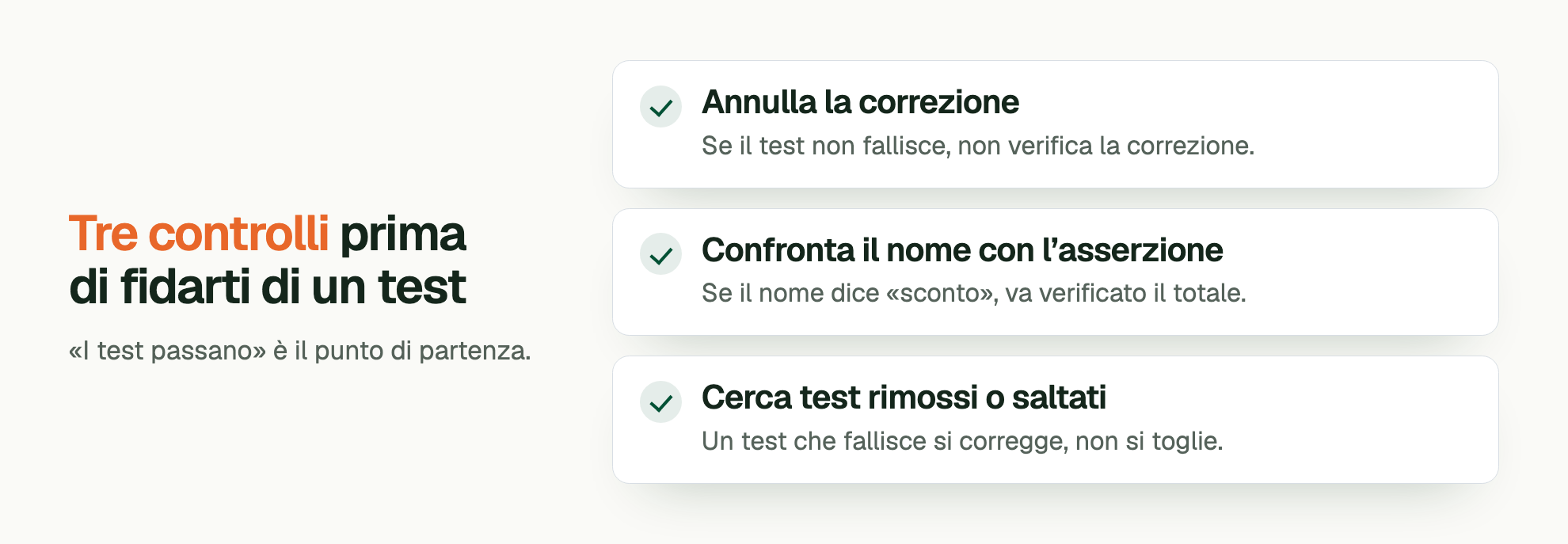 Tre controlli prima di fidarti di un test. «I test passano» è il punto di partenza. Annulla la correzione: Se il test non fallisce, non verifica la correzione. Confronta il nome con l’asserzione: Se il nome dice «sconto», va verificato il totale. Cerca test rimossi o saltati: Un test che fallisce si corregge, non si toglie.