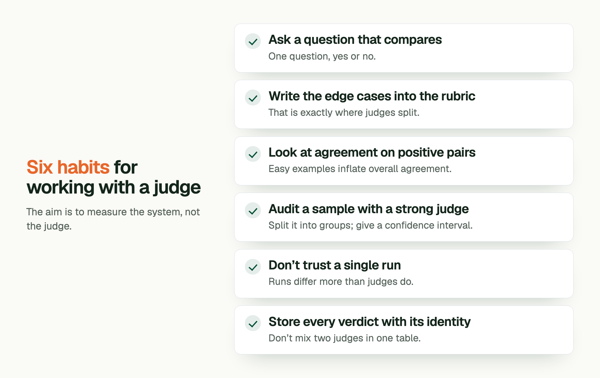 Six habits for working with a judge. The aim is to measure the system, not the judge. Ask a question that compares: One question, yes or no. Write the edge cases into the rubric: That is exactly where judges split. Look at agreement on positive pairs: Easy examples inflate overall agreement. Audit a sample with a strong judge: Split it into groups; give a confidence interval. Don’t trust a single run: Runs differ more than judges do. Store every verdict with its identity: Don’t mix two judges in one table.