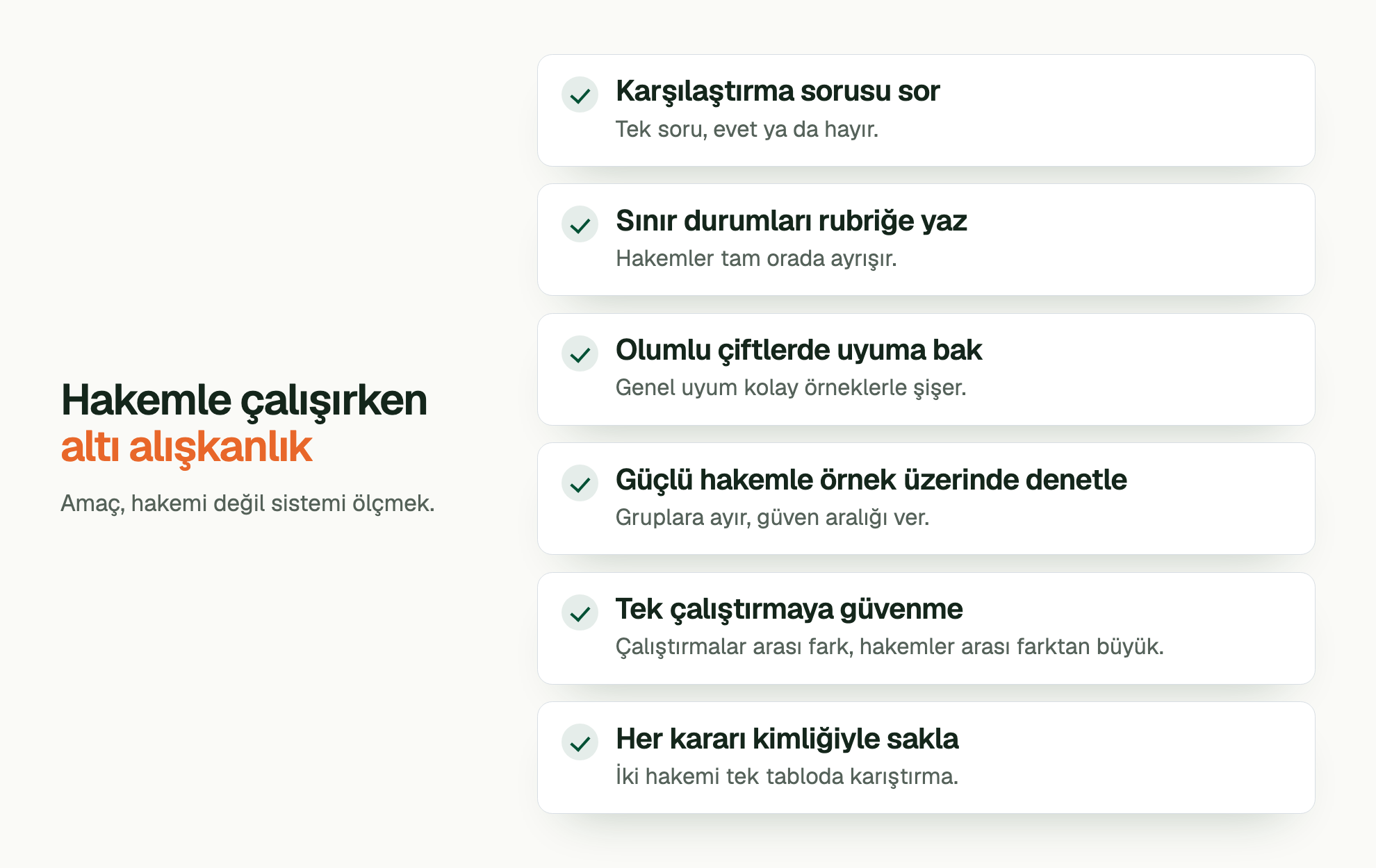 Hakemle çalışırken altı alışkanlık. Amaç, hakemi değil sistemi ölçmek. Karşılaştırma sorusu sor: Tek soru, evet ya da hayır. Sınır durumları rubriğe yaz: Hakemler tam orada ayrışır. Olumlu çiftlerde uyuma bak: Genel uyum kolay örneklerle şişer. Güçlü hakemle örnek üzerinde denetle: Gruplara ayır, güven aralığı ver. Tek çalıştırmaya güvenme: Çalıştırmalar arası fark, hakemler arası farktan büyük. Her kararı kimliğiyle sakla: İki hakemi tek tabloda karıştırma.