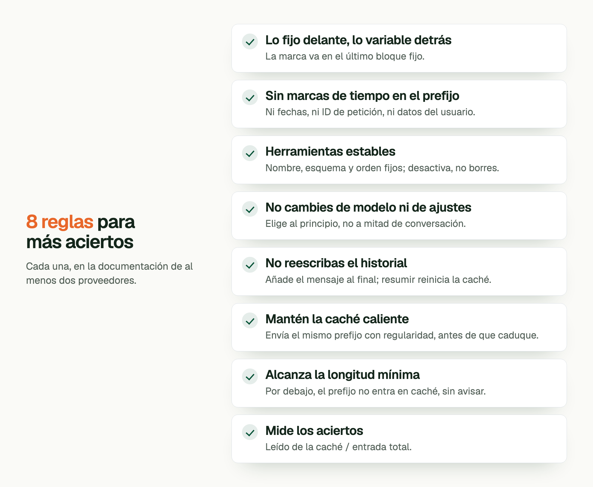 8 reglas para más aciertos. Cada una, en la documentación de al menos dos proveedores. Lo fijo delante, lo variable detrás: La marca va en el último bloque fijo. Sin marcas de tiempo en el prefijo: Ni fechas, ni ID de petición, ni datos del usuario. Herramientas estables: Nombre, esquema y orden fijos; desactiva, no borres. No cambies de modelo ni de ajustes: Elige al principio, no a mitad de conversación. No reescribas el historial: Añade el mensaje al final; resumir reinicia la caché. Mantén la caché caliente: Envía el mismo prefijo con regularidad, antes de que caduque. Alcanza la longitud mínima: Por debajo, el prefijo no entra en caché, sin avisar. Mide los aciertos: Leído de la caché / entrada total.