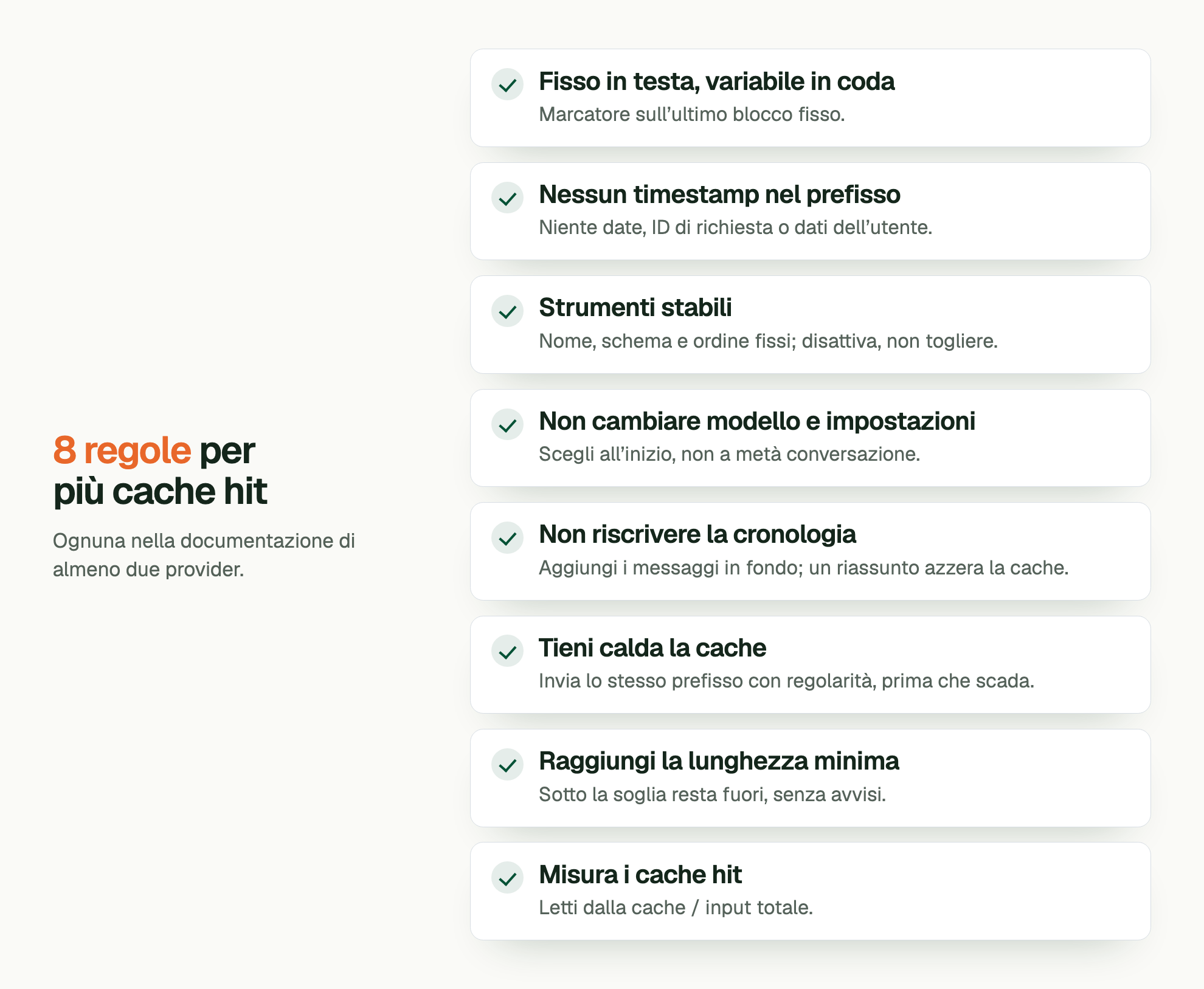 8 regole per più cache hit. Ognuna nella documentazione di almeno due provider. Fisso in testa, variabile in coda: Marcatore sull’ultimo blocco fisso. Nessun timestamp nel prefisso: Niente date, ID di richiesta o dati dell’utente. Strumenti stabili: Nome, schema e ordine fissi; disattiva, non togliere. Non cambiare modello e impostazioni: Scegli all’inizio, non a metà conversazione. Non riscrivere la cronologia: Aggiungi i messaggi in fondo; un riassunto azzera la cache. Tieni calda la cache: Invia lo stesso prefisso con regolarità, prima che scada. Raggiungi la lunghezza minima: Sotto la soglia resta fuori, senza avvisi. Misura i cache hit: Letti dalla cache / input totale.
