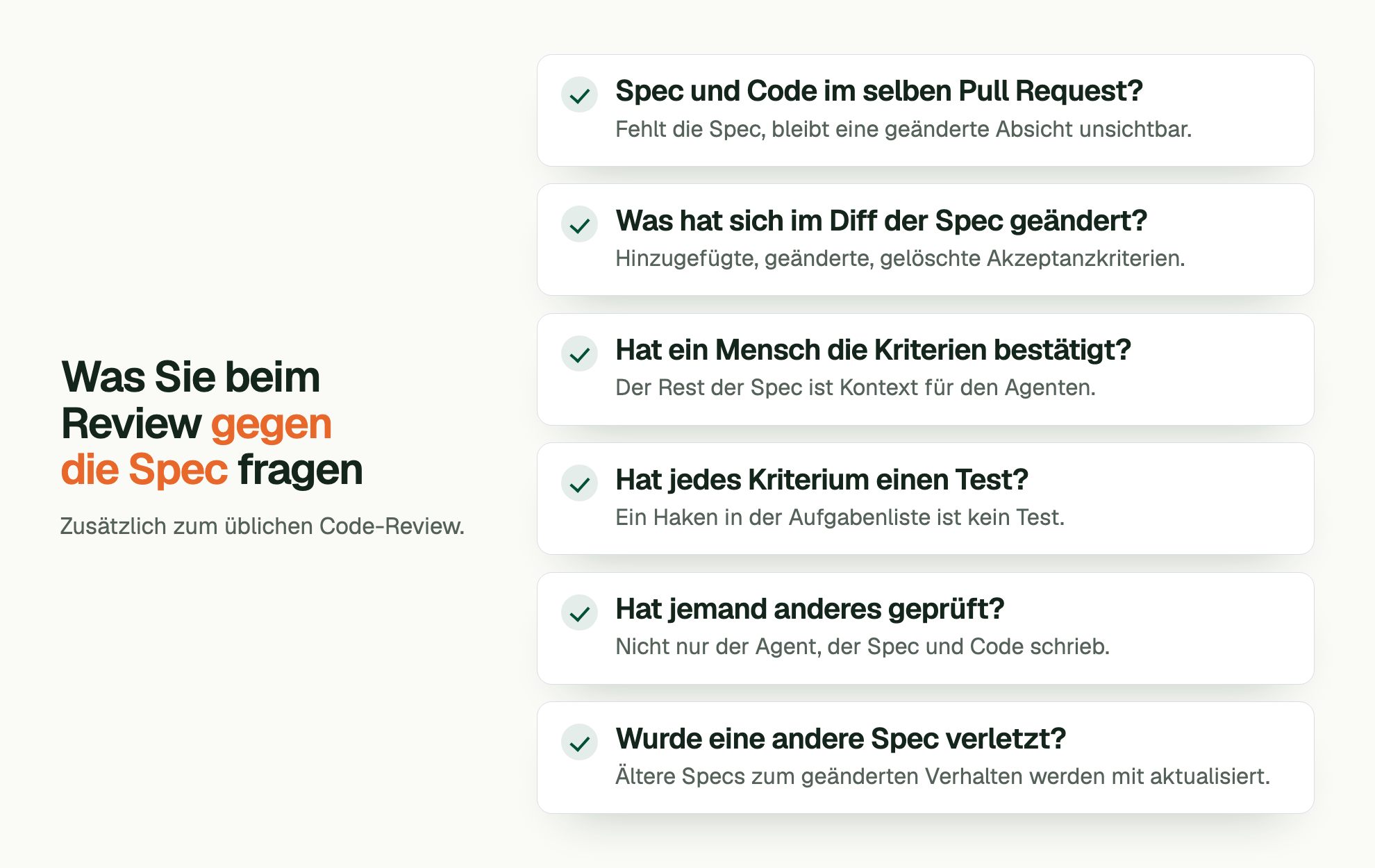 Was Sie beim Review gegen die Spec fragen. Zusätzlich zum üblichen Code-Review. Spec und Code im selben Pull Request?: Fehlt die Spec, bleibt eine geänderte Absicht unsichtbar. Was hat sich im Diff der Spec geändert?: Hinzugefügte, geänderte, gelöschte Akzeptanzkriterien. Hat ein Mensch die Kriterien bestätigt?: Der Rest der Spec ist Kontext für den Agenten. Hat jedes Kriterium einen Test?: Ein Haken in der Aufgabenliste ist kein Test. Hat jemand anderes geprüft?: Nicht nur der Agent, der Spec und Code schrieb. Wurde eine andere Spec verletzt?: Ältere Specs zum geänderten Verhalten werden mit aktualisiert.