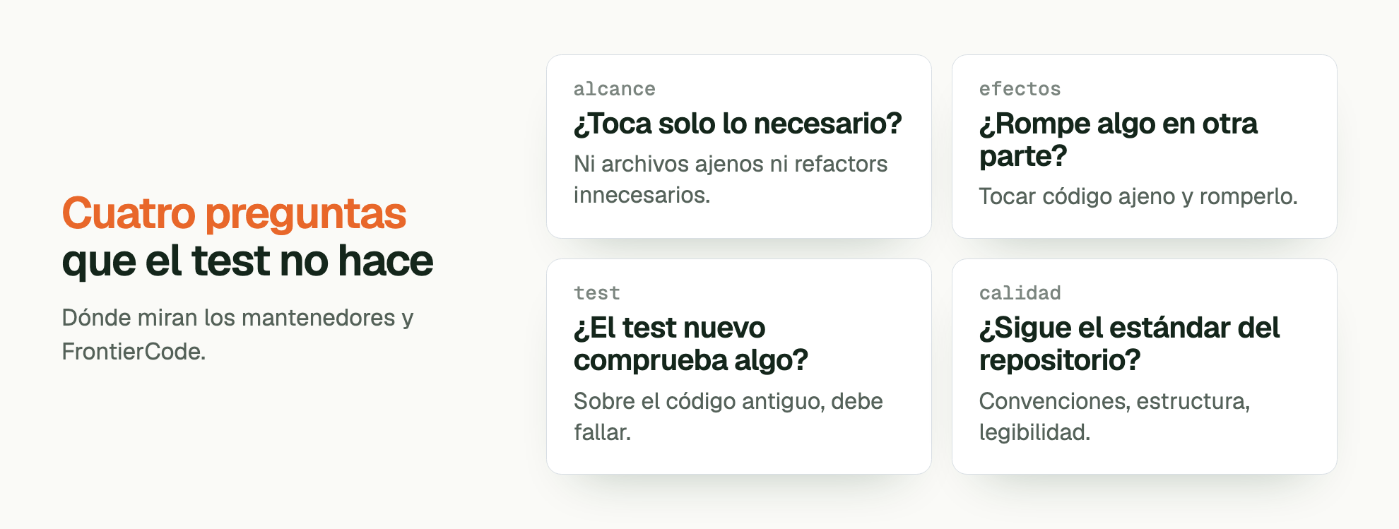 Cuatro preguntas que el test no hace. Dónde miran los mantenedores y FrontierCode. alcance ¿Toca solo lo necesario?: Ni archivos ajenos ni refactors innecesarios. efectos ¿Rompe algo en otra parte?: Tocar código ajeno y romperlo. test ¿El test nuevo comprueba algo?: Sobre el código antiguo, debe fallar. calidad ¿Sigue el estándar del repositorio?: Convenciones, estructura, legibilidad.