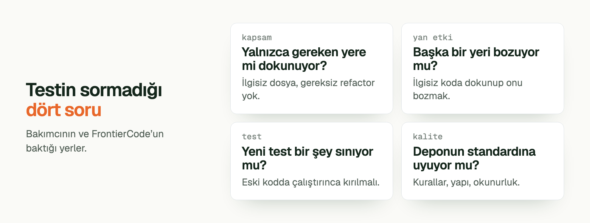 Testin sormadığı dört soru. Bakımcının ve FrontierCode’un baktığı yerler. kapsam Yalnızca gereken yere mi dokunuyor?: İlgisiz dosya, gereksiz refactor yok. yan etki Başka bir yeri bozuyor mu?: İlgisiz koda dokunup onu bozmak. test Yeni test bir şey sınıyor mu?: Eski kodda çalıştırınca kırılmalı. kalite Deponun standardına uyuyor mu?: Kurallar, yapı, okunurluk.